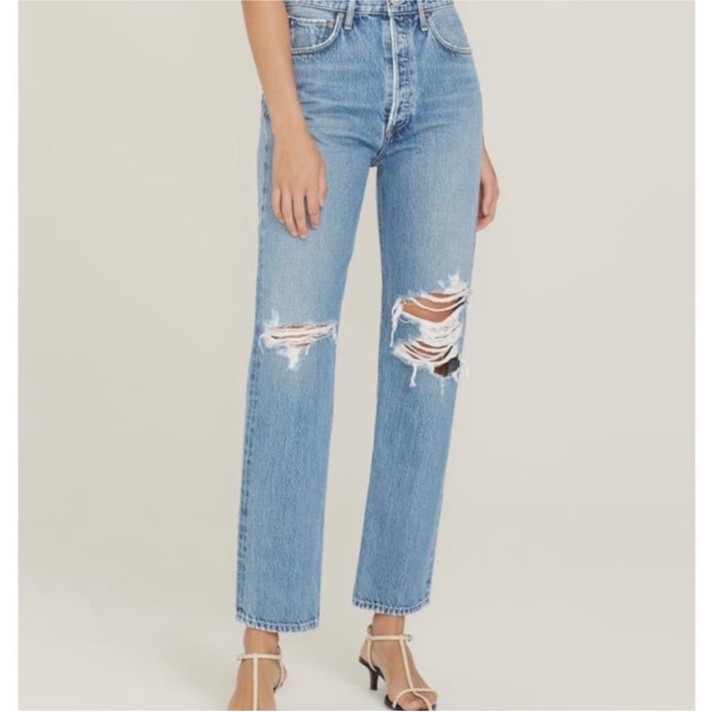 AGOLDE 90s Pinch High Rise Straight Leg Distressed Kneen Button Fly Jeans 28